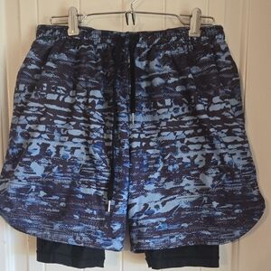 ZYIA Athletic Shorts with Blue and Black Pattern